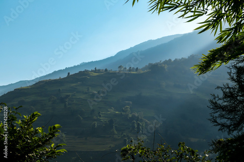 View on Himalayas along Annapurna Circuit Trek, Nepal. There is a dense forest in front. High, snow caped mountains' peaks catching the sunbeams. Serenity and calmness. Barren slopes