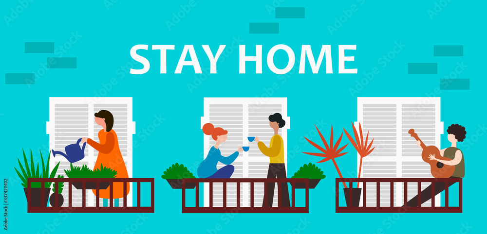 People are at home for self-isolation. Vector flat illustration. Neighbors on the balconies. Quarantine due to coronavirus. Covid-19. Hobbies for spending time in quarantine.
