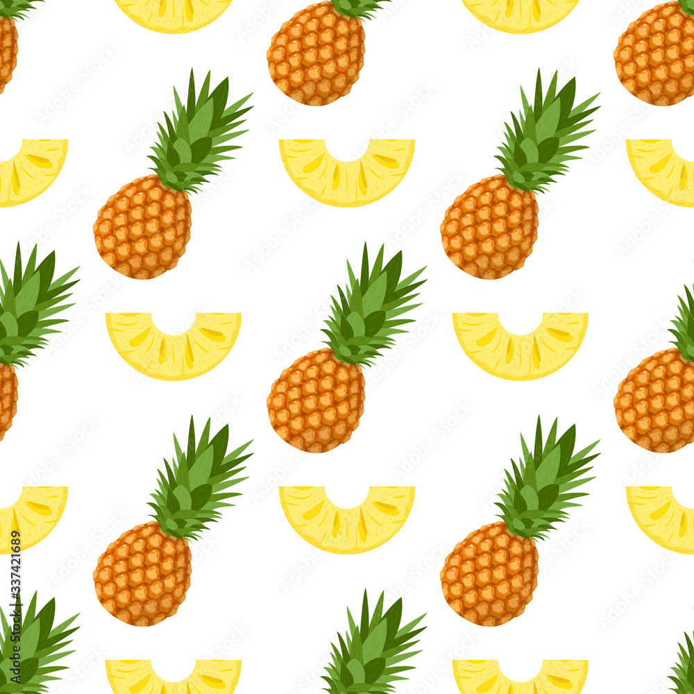 Seamless pattern with fresh whole and cut slices pineapple fruit with leaves on white background. Summer fruits for healthy lifestyle. Organic fruit. Cartoon style. Vector illustration for any design. Seamless pattern with fresh whole and cut slices pineapple fruit with leaves on white background. Summer fruits for healthy lifestyle. Organic fruit. Cartoon style. Vector illustration for any design.