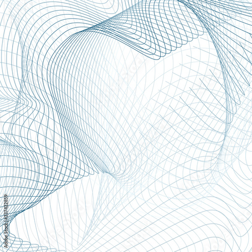 Techno line art futuristic pattern. Blue, gray subtle lines. Abstract industrial design. Thin dynamic curves. Sound, radio waves. Energy, power concept. White background. SEPS10 illustration