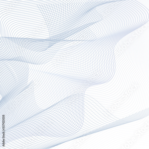 Line art techno background. Abstract vector design. 3D pattern with perspective. Flowing net imitation. Ripple thin curves. Modern sci-tech concept in light blue, gray, white hues. EPS10 illustration