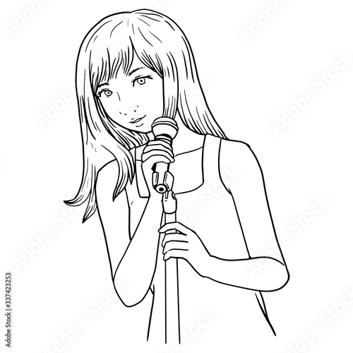 vector illustration girl singer hold microphone, line art