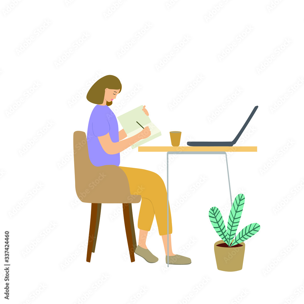 Vector illustration of a young woman working and studying at home. The girl is sitting at the table with a notebook in her hand, next to a laptop, on the floor a flower, a workplace. Simple style. Vector illustration of a young woman working and studying at home. The girl is sitting at the table with a notebook in her hand, next to a laptop, on the floor a flower, a workplace. Simple style.