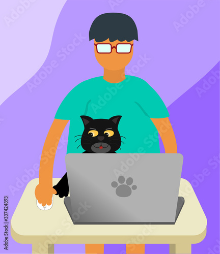 Working at home with annoying black cat Corona virus COVID-19 disease protection concept