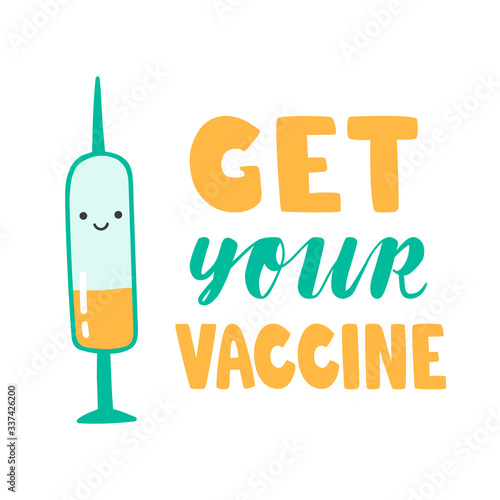 Vector illustration of vaccine shot. Coronavirus nCov-2019 protect concept with text lettering and syringe of vaccination, immunization and injection. Health care design concept