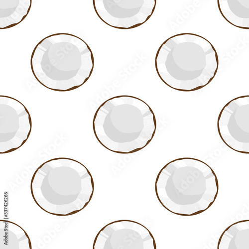 Seamless pattern with cartoon detailed exotic half coconut isolated on white background. Summer fruits for healthy lifestyle. Organic fruit. Cartoon style. Vector illustration for any design.