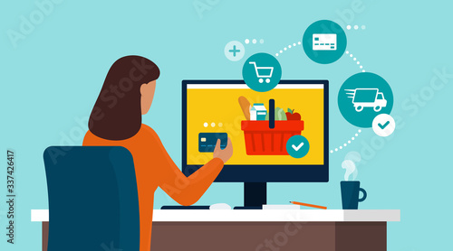 Woman doing grocery shopping online with a credit card