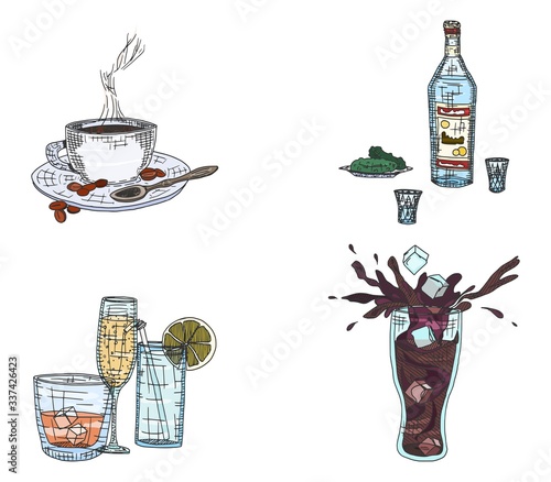 a selection of doodles of drinks from coffee to vodka
