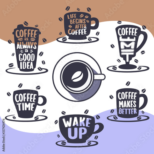 Coffee time... Lettering on cup shape big set. Modern calligraphy style quote. Hand made typography for cafe advertising prints posters t-shirt design. Vector vintage illustration.