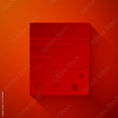 Paper cut Plastic bag of medicinal cannabis icon isolated on red background. Health danger. Paper art style. Vector Illustration