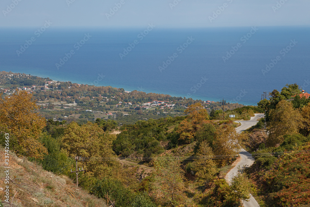 Beautiful aerial view of greek villages along the sea from mountains. Macedonia, Greece.