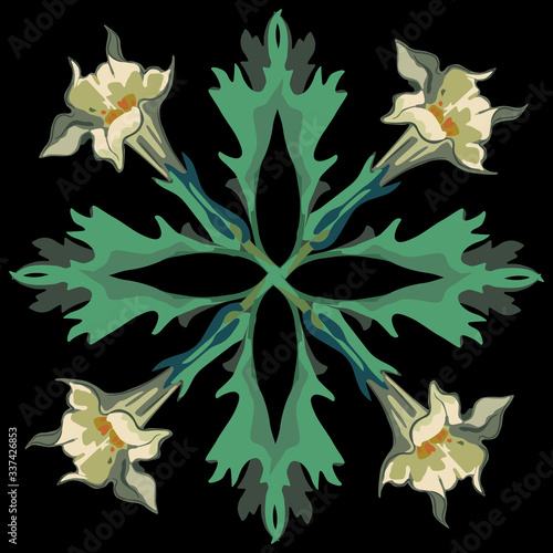 Square floral decor with branches of datura flowers. Datura stramonium. Jimson Weed. Nightshade. 