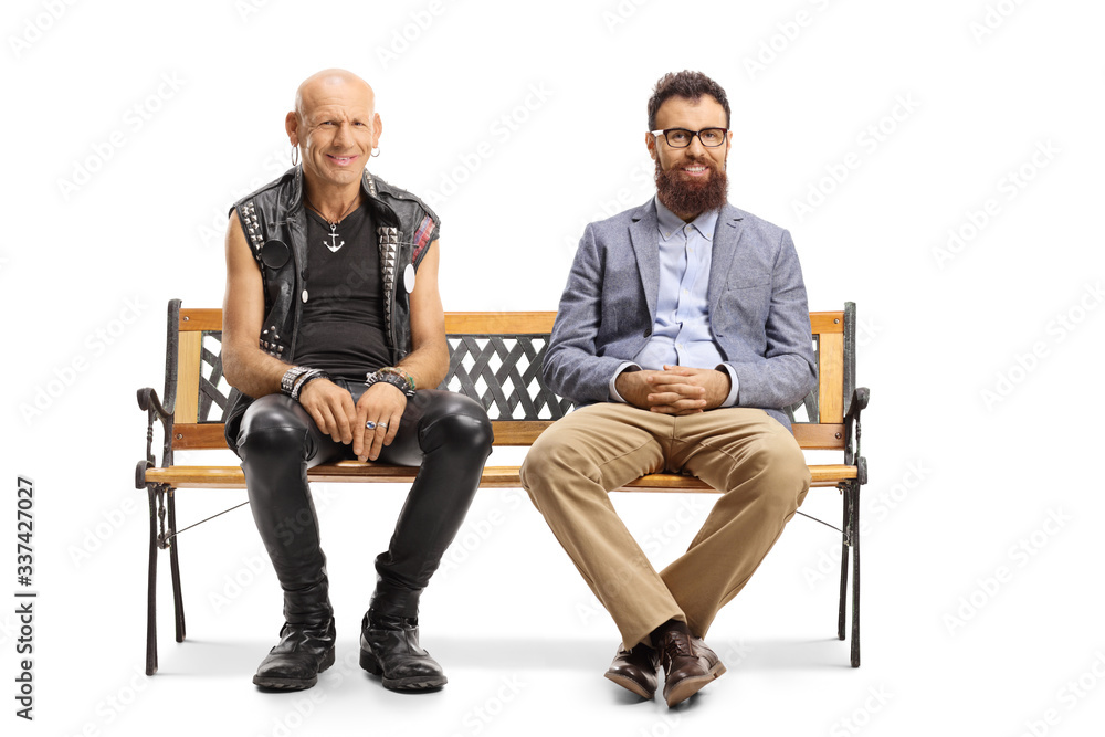Bald punk and bearded man sitting on a bench