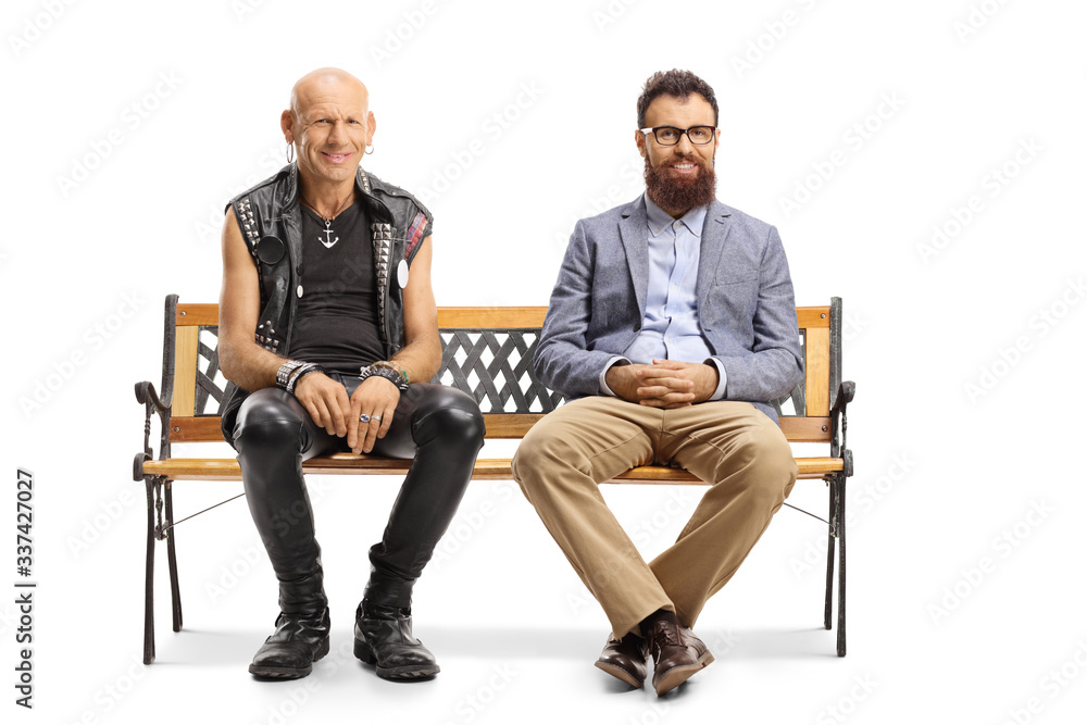 Bald punk and bearded man sitting on a bench Bald punk and bearded man sitting on a bench