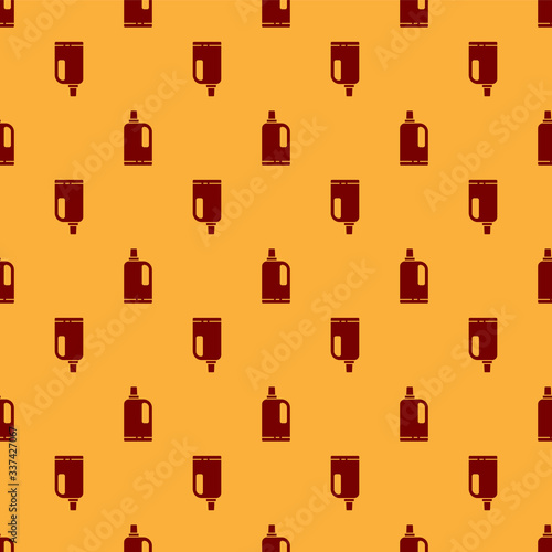 Red Fabric softener icon isolated seamless pattern on brown background. Liquid laundry detergent, conditioner, cleaning agent, bleach.  Vector Illustration