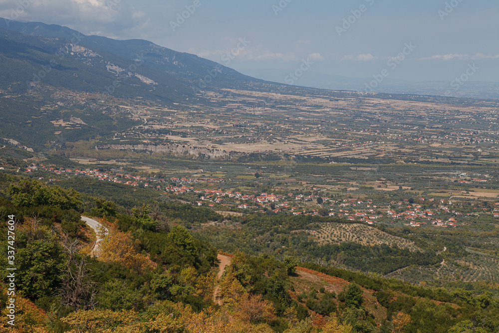 Fototapeta premium Beautiful aerial view of greek villages along the sea from mountains. Macedonia, Greece.
