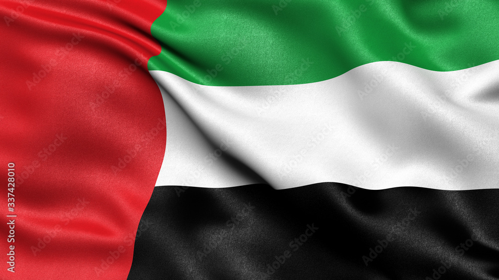 3D illustration of the flag of the United Arab Emirates waving in the wind.
