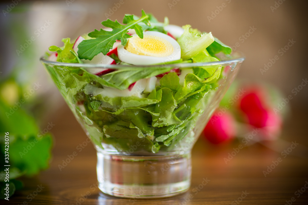 spring salad with arugula, boiled eggs, fresh radish, salad leaves in a glass bowl spring salad with arugula, boiled eggs, fresh radish, salad leaves in a glass bowl