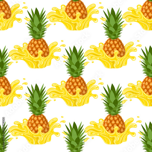 Seamless pattern with fresh pineapple yellow juice splash burst isolated on white background. Summer fruit juice. Vector illustration for any design.