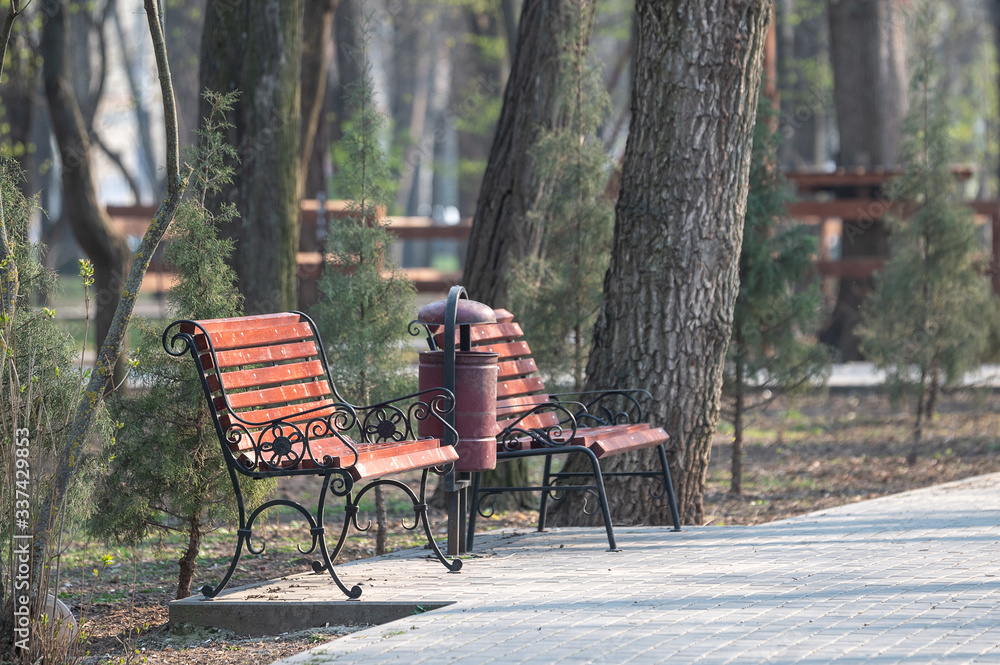 Empty wooden benches with trash can in the park. refinement of space in the city. Empty wooden benches with trash can in the park. refinement of space in the city.