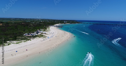 Aerial shot of Irabu bridge and maehama beach, miyako island, okinawa, Japan