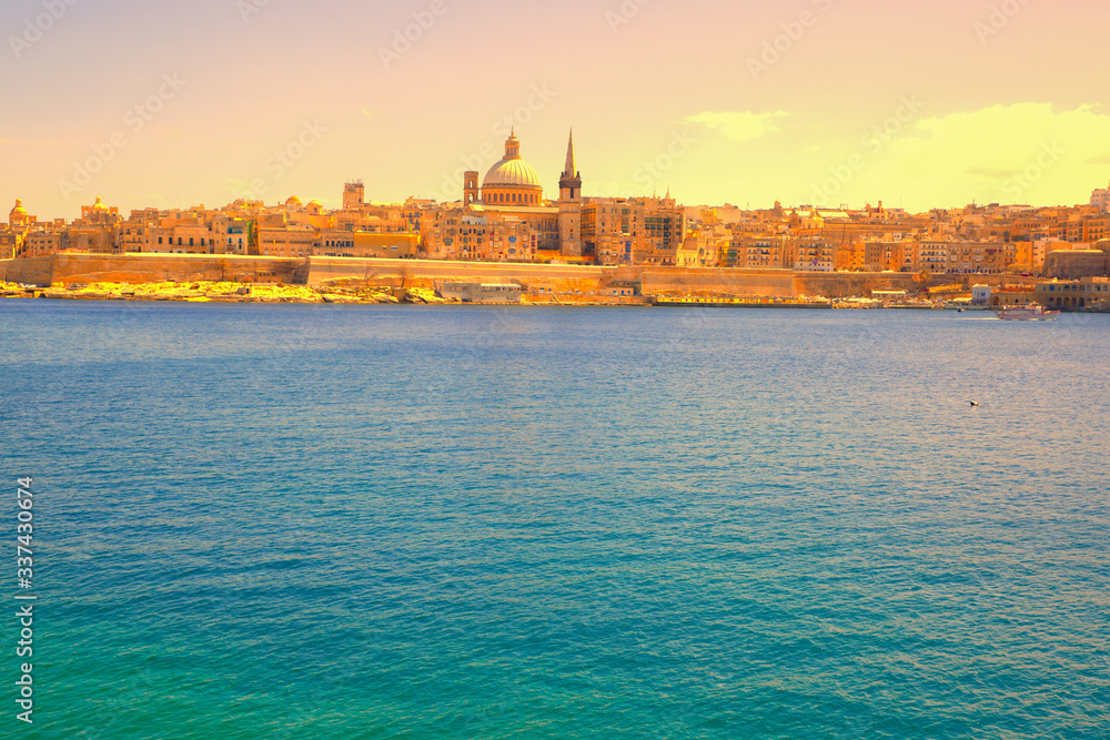 Valetta slyline, Malta. Beautiful Mediterranean sea. Morning sunny time.