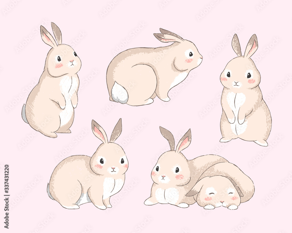 Pastel-style set of illustrations with cute bunnies. Vector illustrations set of five rabbits. Pastel-style set of illustrations with cute bunnies. Vector illustrations set of five rabbits.