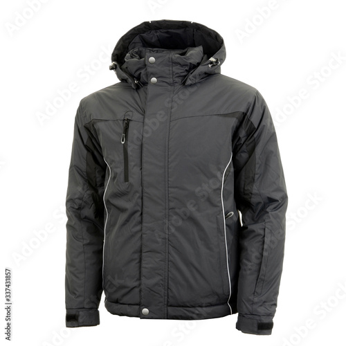 Black men's winter jacket isolated on white background photo