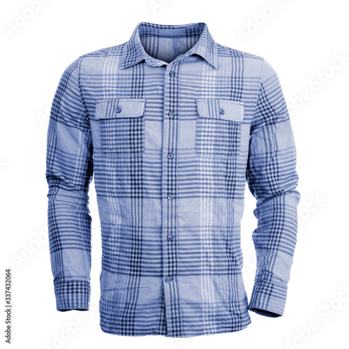 Blue men's plaid shirt isolated on white background