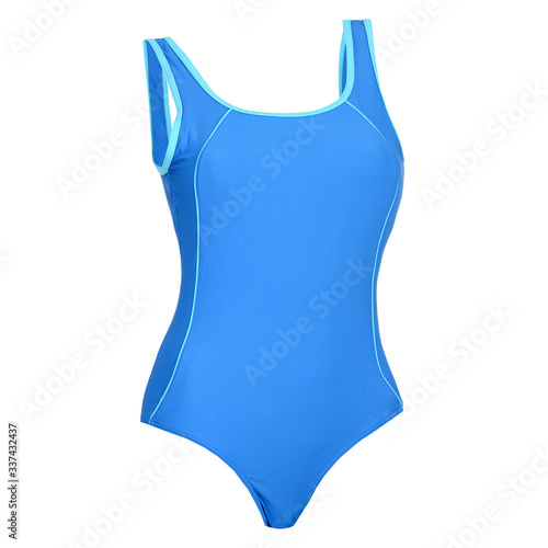 Schilderij op canvas Blue women's one-piece swimsuit isolated on white background