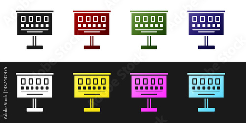 Set Eye test chart icon isolated on black and white background. Poster for vision testing in ophthalmic study. Snellen chart.  Vector Illustration