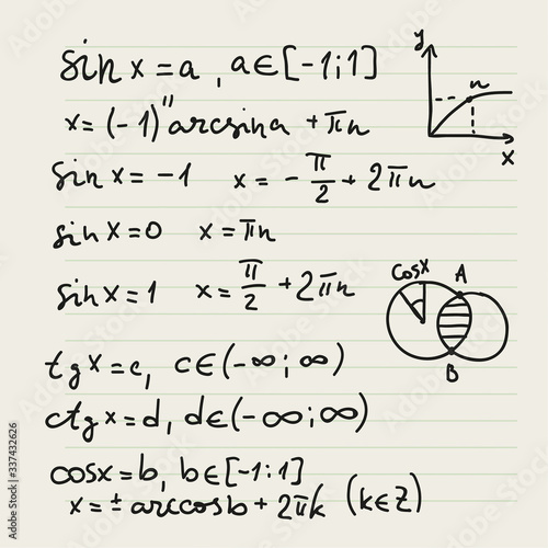 Vector background with mathematical formulas, calculations, graphs, proof and scientific research in the field of algebra and geometry