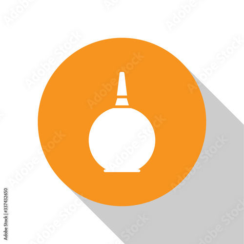 White Enema icon isolated on white background. Enema with a plastic tip. Medical pear. Orange circle button. Vector Illustration