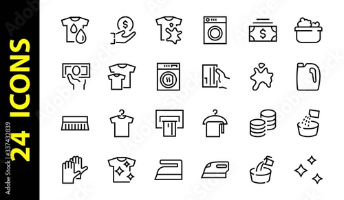 Simple set of washing related vector line Icons. Contains icons such as washing machine, powder, laundry, dirty t-shirt and much more. On a white background, editable stroke. 48x48 pixels perfect
