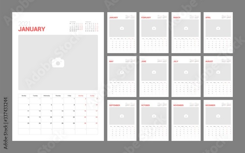 Wall calendar template for 2021 year. Planner diary in a minimalist style with Place for Photo. Week Starts on Monday. Monthly calendar ready for print.