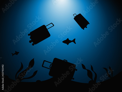 Tourism crisis 2020 metaphor vector illustration. Baggage sinking in deep. Tourist flights canceled. Travel collapse, decline.