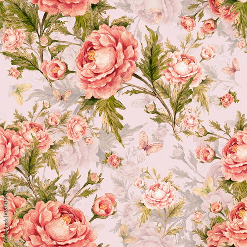  Seamless watercolor pattern with roses and butterflies