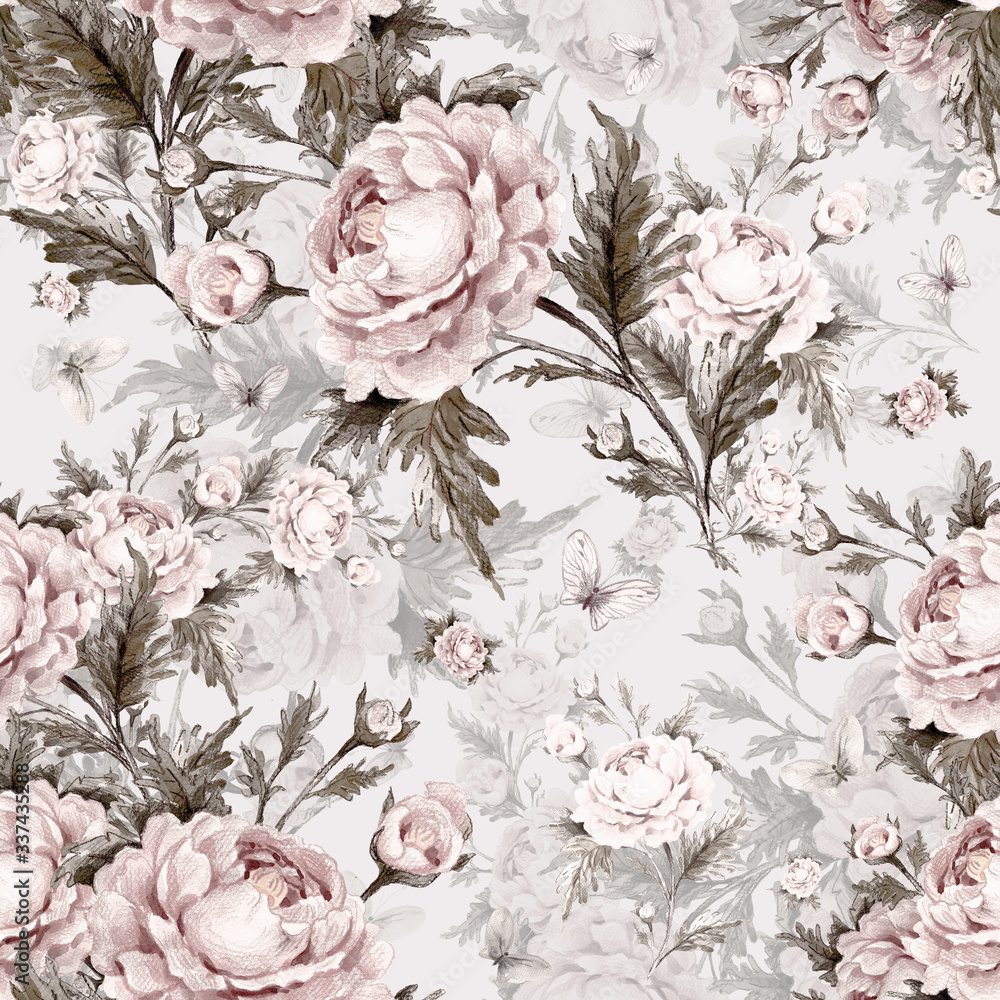 Fototapeta Seamless watercolor pattern with roses and butterflies