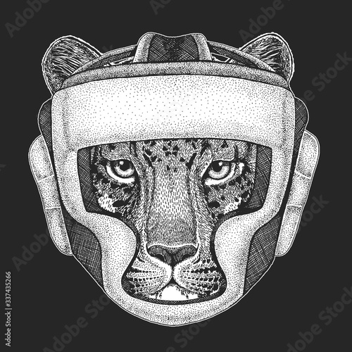 Leopard, jaguar face. Boxing helmet. Boxer. Portrait of wild animal.