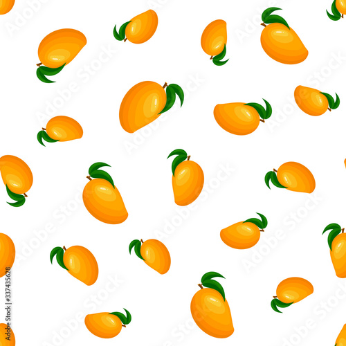 Seamless pattern with fresh bright exotic whole mango isolated on white background. Summer fruits for healthy lifestyle. Organic fruit. Cartoon style. Vector illustration for any design.