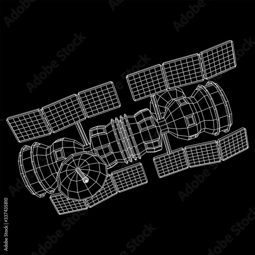 Space station communications satellite. Wireframe low poly mesh vector illustration.