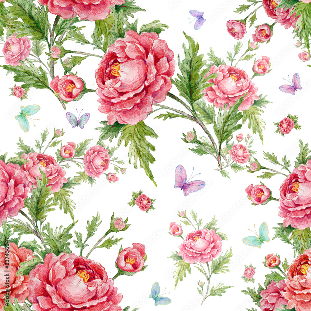  seamless watercolor pattern with roses and butterflies