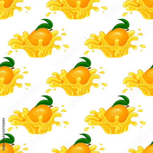 Seamless pattern with fresh bright mango juice splash burst isolated on white background. Summer fruit juice. Cartoon style. Vector illustration for any design.