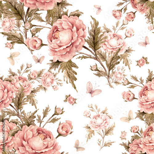  seamless watercolor pattern with roses and butterflies