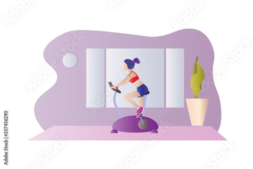 Sport girl on an exercise bike at home in the living room. Training apparatus for legs. Woman on a stationary bike. Keep calm during quarantine concept, vector illustration and copy space