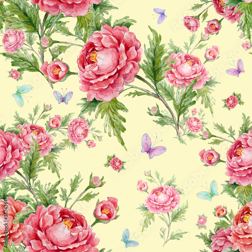 seamless watercolor pattern with roses and butterflies