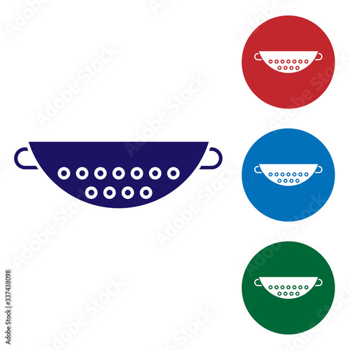 Blue Kitchen colander icon isolated on white background. Cooking utensil. Cutlery sign. Set icons in color square buttons. Vector Illustration