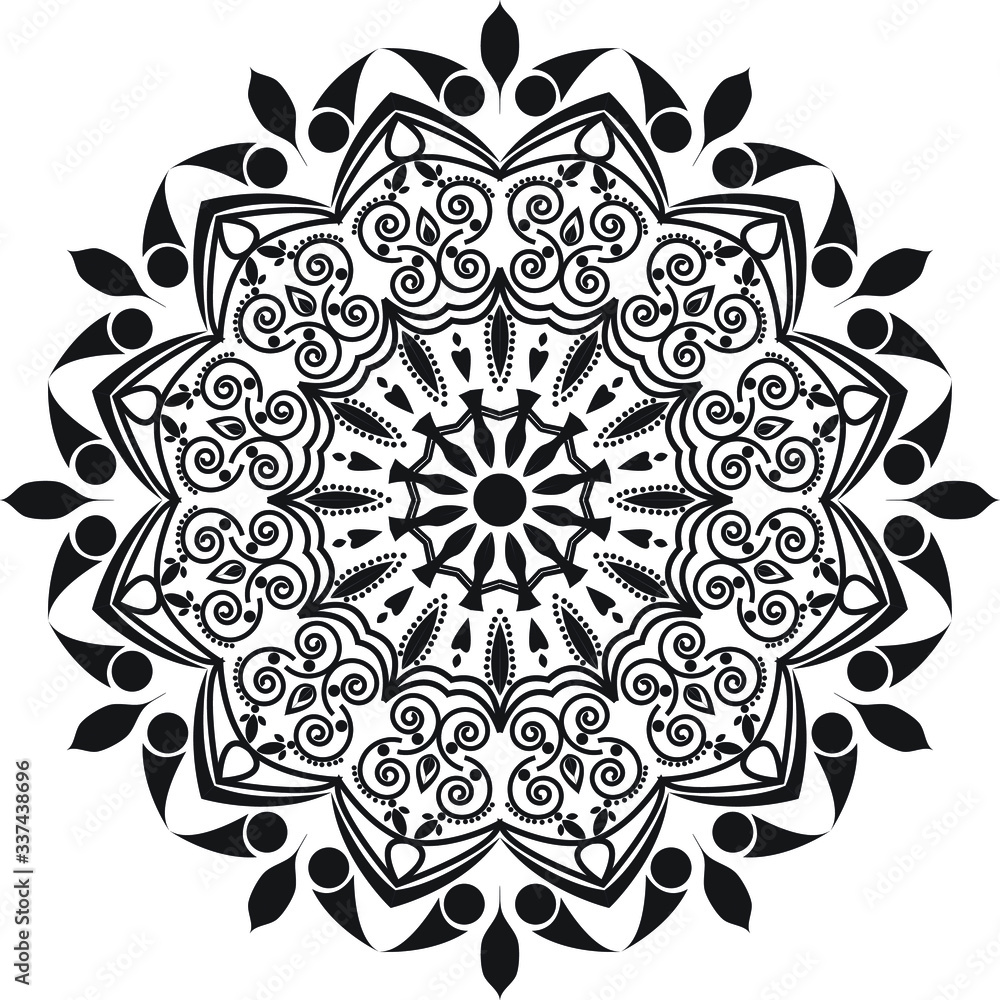 Black and White ornamental round lace pattern with mandala art