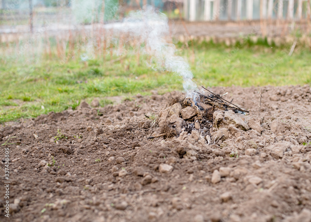 bonfire in the garden in spring. spring garden work bonfire in the garden in spring. spring garden work