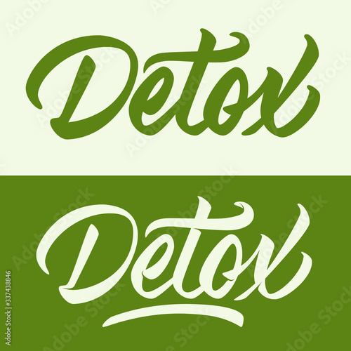 Detox - calligraphic inscription set on different color background. Vector design/logo print.